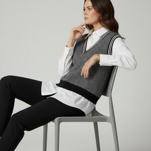 Adrianna Papell Layered Sweater Vest Blouse Black White Size M